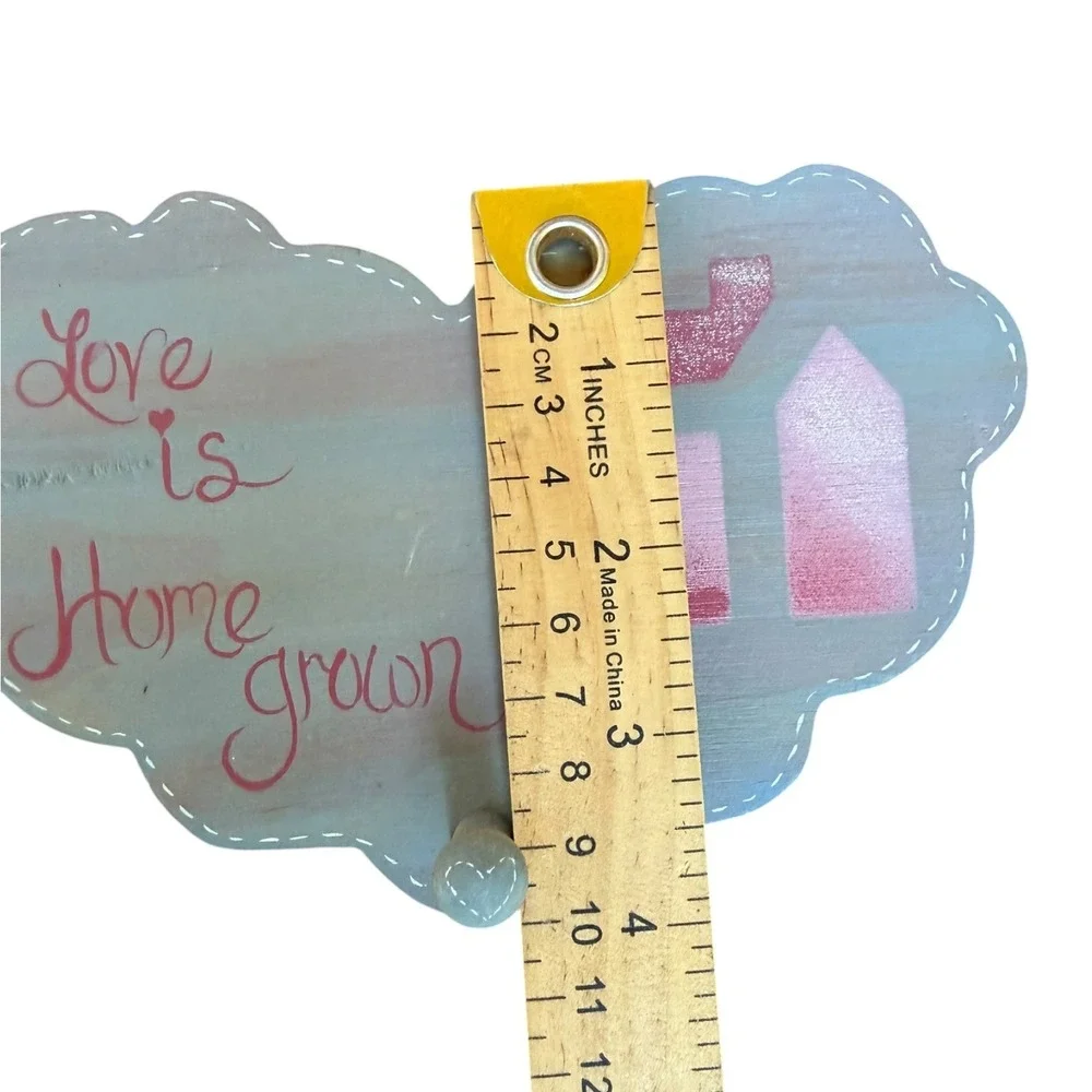 Love is Home Grown Wooden Wall Plaque Single Peg Hook Blue Pink Cottagecore